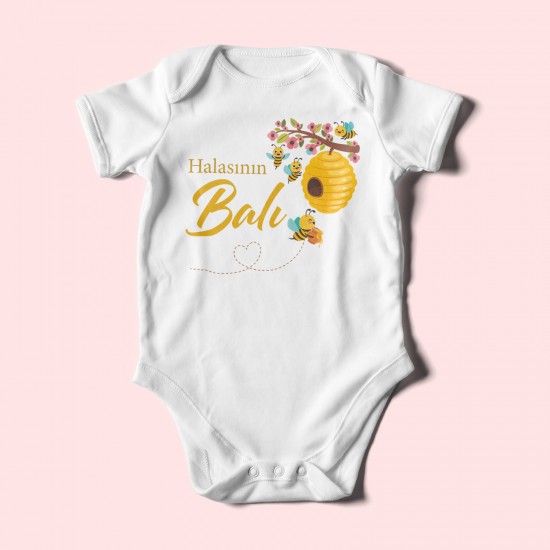 Halasının Balı Baskılı Bebek Zıbını – Çıtçıtlı Body 8 Renk | %100 Pamuk Kısa Kol – Kişiye Özel Halaya Özel